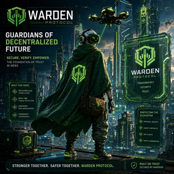 A promotional graphic for Warden Protocol, showing a hooded figure in a green cloak facing a cyberpunk cityscape, with text reading 'GUARDIANS OF DECENTRALIZED FUTURE' and 'SECURE. VERIFY. EMPOWER.'
