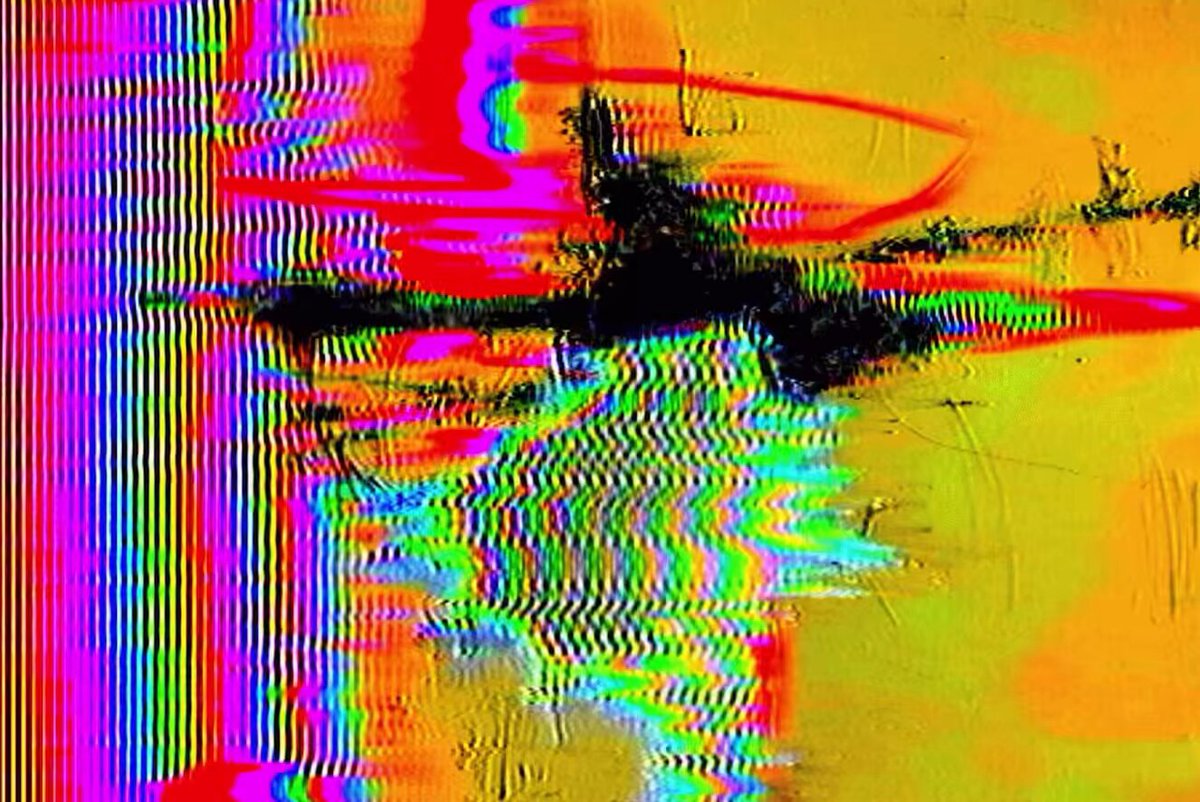 The image features a colorful abstract painting with a variety of colors, including red, yellow, green, blue, and orange. The painting appears to be a digital art piece that has been edited or altered using a software program. The artist's signature is visible in the bottom right corner of the image.