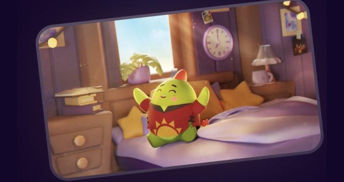 A cute green cartoon character with a red shirt sitting on a bed in a cozy bedroom with a window showing a sky and potted plants.