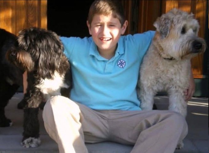 A photograph of a smiling young boy in a light blue polo shirt and khaki pants sitting on a step with his arms around two fluffy dogs.