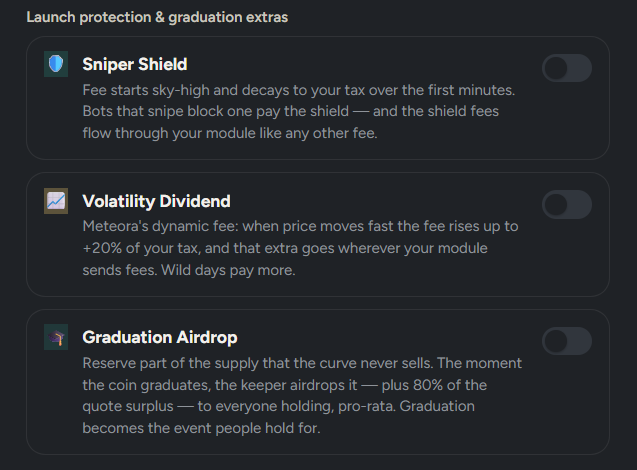 The image displays a settings panel titled "Launch protection & graduation extras" with three toggleable options: Sniper Shield, Volatility Dividend, and Graduation Airdrop, each with detailed descriptions explaining fee mechanics and supply management features. This relates to the post by showcasing the "6 new launch modes" mentioned, specifically highlighting protective and incentive features (Sniper Shield for snipe protection, Volatility Dividend for dynamic fees up to +20%, and Graduation Airdrop giving 80% of quote surplus to holders) tied to the $EMBER token's platform functionality.