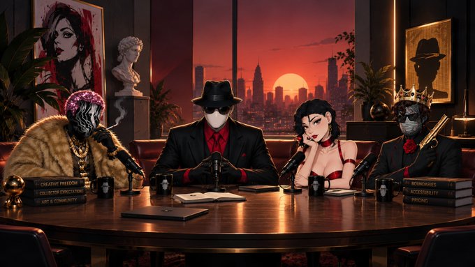 A stylized digital illustration depicting four masked figures seated around a round table with microphones in front of a red sunset skyline. Books with titles like 'Creative Freedom' and 'Art & Community' are visible on the table.