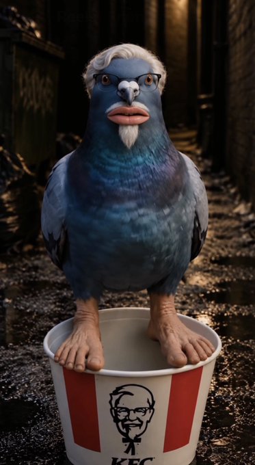 A surreal anthropomorphic pigeon with white hair, glasses, and a goatee stands on human legs inside a KFC bucket, set in a dark alleyway.