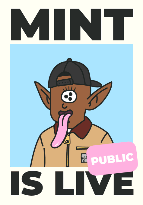 The image features a cartoon character with long ears wearing a hat and a jacket that has a tongue sticking out, giving him an odd appearance. The character also has a sticker on his chest that says "PUBLIC MINT IS LIVE". This sticker is likely used for promoting or advertising something related to mints or mint-related products.