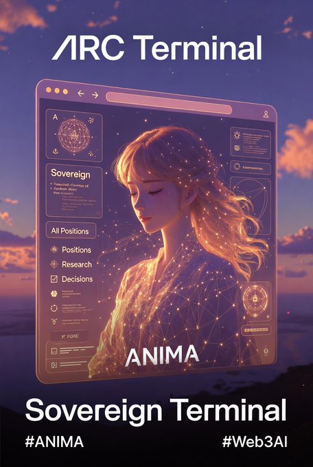 A promotional graphic titled 'ARC Terminal' featuring 'ANIMA Sovereign Terminal' with hashtags #ANIMA and #Web3AI, displaying a stylized digital avatar with constellation-like patterns in pink and purple tones.