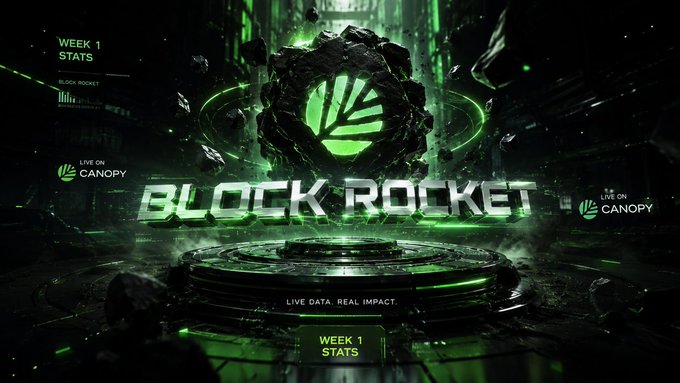 Promotional graphic for 'BLOCK ROCKET' featuring a green glowing logo, with text 'WEEK 1 STATS' and 'LIVE ON CANOPY' alongside the tagline 'LIVE DATA. REAL IMPACT.'
