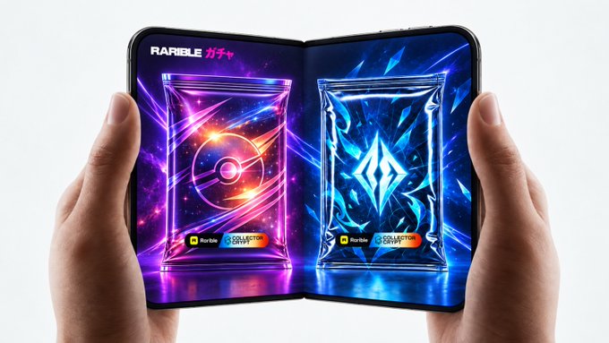 Two hands hold a foldable smartphone displaying two vibrant holographic Gacha trading cards side by side—one featuring a pink cosmic Pokéball and the other a glowing blue crystalline symbol—both branded with "RARIBLE" and "GACHAPOKEMON" logos, visually representing the ability to rip (open) Pokémon and Riftbound-style packs simultaneously through Rarible's Gacha Stations.