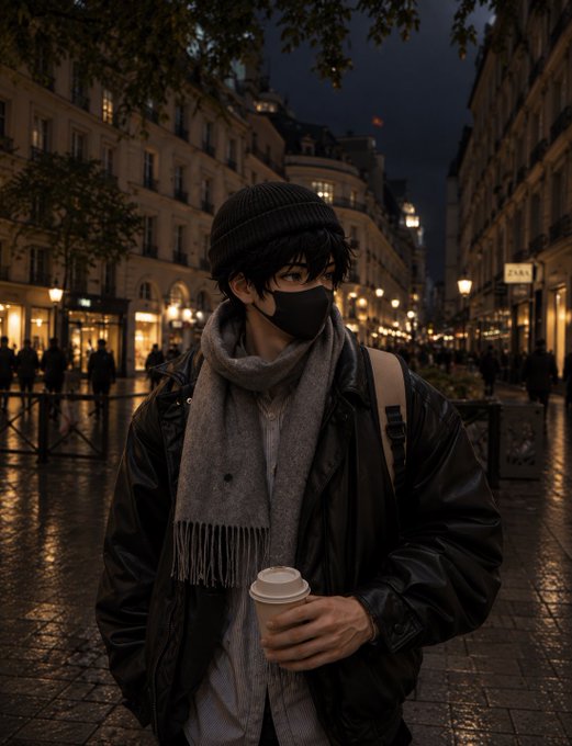 An anime-style character wearing a black beanie, mask, gray scarf, and black jacket holds a coffee cup on a wet Parisian street at night.