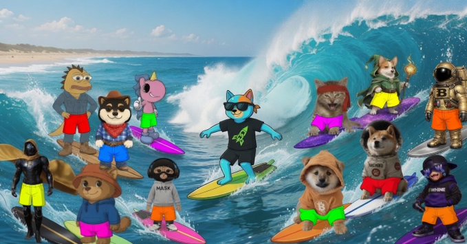 In the image, there are a total of 14 characters, including humans and cartoon animals such as dogs, all dressed up in colorful shorts and shirts while riding surfboards. The main focus of the image is a black Shiba queen surfer wearing sunglasses and a black shirt with the words "MANYU" written on it. Surrounded by these characters are other surfers, some of whom have their own surfboards as well. The scene takes place in front of a large wave that adds to the overall atmosphere of excitement and adventure.