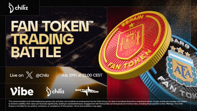 Promotional graphic for a "Fan Token Trading Battle" featuring large illustrated Spain and Argentina fan tokens ahead of the World Championship Final, scheduled for July 19th at 21:00 CEST and livestreamed on @Chiliz, with the event hashtags $SPAIN and $ARG shown alongside partner branding for Vibe, Chiliz, and BattleTrade.