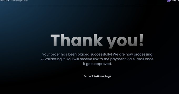 The image displays a "Thank you!" confirmation page with text stating "Your order has been placed successfully! We are now processing & validating it. You will receive link to the payment via e-mail once it gets approved," along with a "Go back to Home Page" link. This corresponds to the post announcing that the "Dex is paid for $xStonk," suggesting the user has just completed payment for the xStonk token, with processing and approval pending via email.