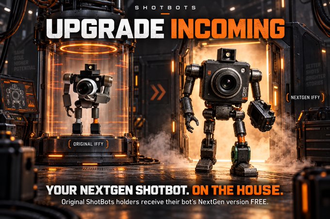 A promotional graphic titled 'SHOTBOTS UPGRADE INCOMING' shows a smaller 'ORIGINAL IFFY' camera robot beside a 'NEXTGEN IFFY' version, with the tagline 'YOUR NEXTGEN SHOTBOT. ON THE HOUSE.'