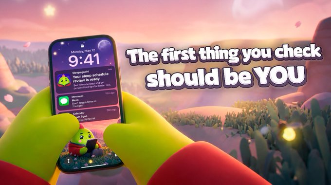 Green animated hands hold a smartphone displaying notifications, including one from a 'Sleepscape' app, accompanied by the text 'The first thing you check should be YOU'.
