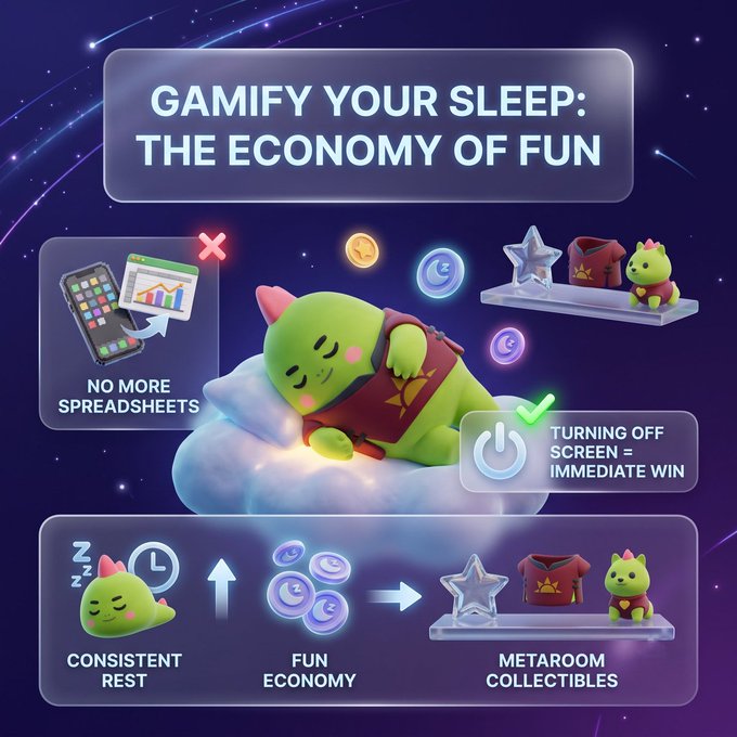 An infographic titled 'GAMIFY YOUR SLEEP: THE ECONOMY OF FUN' showing a green cartoon character sleeping on a cloud, with sections contrasting 'NO MORE SPREADSHEETS' with 'TURNING OFF SCREEN = IMMEDIATE WIN' and illustrating 'CONSISTENT REST' leading to a 'FUN ECONOMY' and 'METAROOM COLLECTIBLES'.