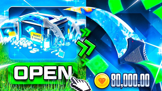 A vibrant gaming thumbnail features an open blue crate containing diamonds, a green "OPEN" button, and a large knife, with "80,000.00" displayed next to a gem icon, promoting a $25 LTC giveaway tied to a CS:GO case opening video.