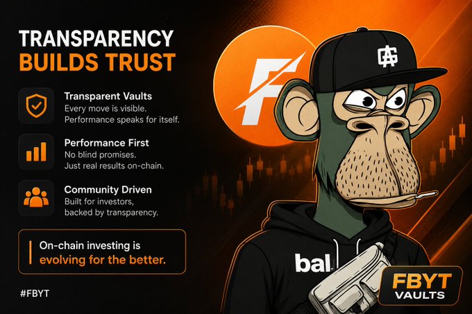 Promotional graphic for FBYT VAULTS featuring a cartoon monkey in a black cap and hoodie smoking a cigarette, with text 'TRANSPARENCY BUILDS TRUST' alongside bullet points about Transparent Vaults, Performance First, and Community Driven, plus the hashtag #FBYT.