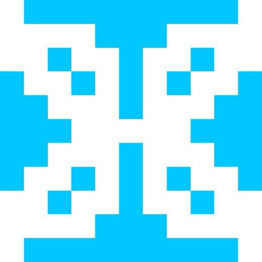 A blue and white QR code or pixel art pattern with a symmetrical cross-like design.