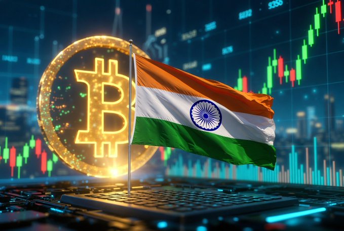 A digital illustration featuring a glowing Bitcoin symbol and the flag of India alongside rising candlestick charts on a blue background.