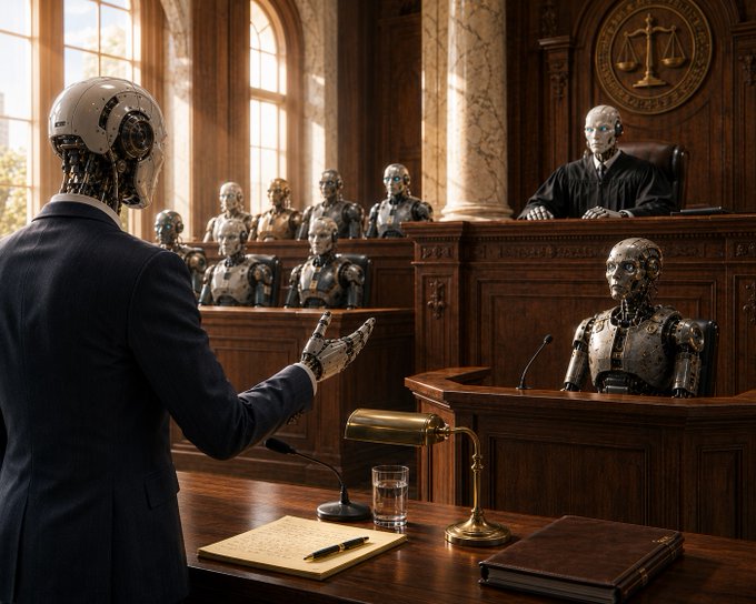 A humanoid robot in a suit stands before a courtroom of robot judges and lawyers, visually representing GenLayer's "Internet Court" — an AI-driven dispute resolution protocol backed by OKX, MetaMask, Matter Labs, and 24 other firms to settle conflicts arising from AI agent payments and escrows.