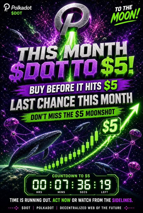 A vibrant promotional graphic for Polkadot (DOT) cryptocurrency displays "TO THE MOON!" messaging, announcing "THIS MONTH $DOT TO $5!" with a "LAST CHANCE THIS MONTH" warning and a countdown timer showing 07:36:19 left. The space-themed design features cosmic whales, green candlestick charts climbing toward a $5 target, and fireworks, visually reinforcing the post's bullish $5 price prediction and moon-shot rally hopes.