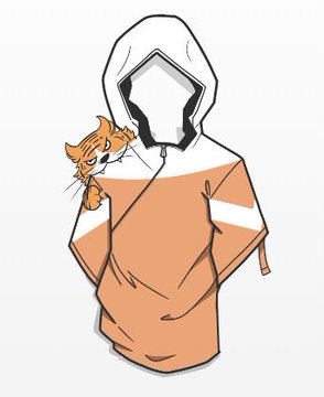A stylized digital drawing shows a faceless hooded figure wearing an orange and white hoodie, with a small orange cat peeking out from behind the shoulder.