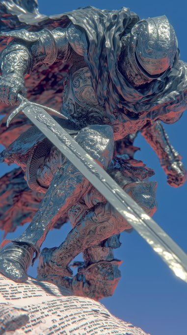 A detailed metallic statue of an armored knight wielding a large sword, posed dynamically against a clear blue background with a reddish glow beneath.
