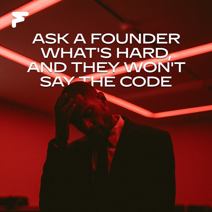 A stressed founder sits under dramatic red lighting, with the headline: “ASK A FOUNDER WHAT’S HARD, AND THEY WON’T SAY THE CODE.” The image reflects the post’s point that critical company-killing challenges—reaching enterprise buyers, maintaining token-economy stability, and communicating value beyond Discord—often go beyond engineering.