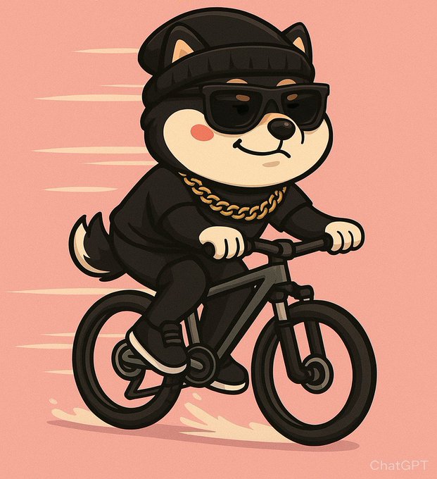 A cartoon illustration of a dog wearing a black beanie, sunglasses, and gold chain riding a BMX bike against a pink background.