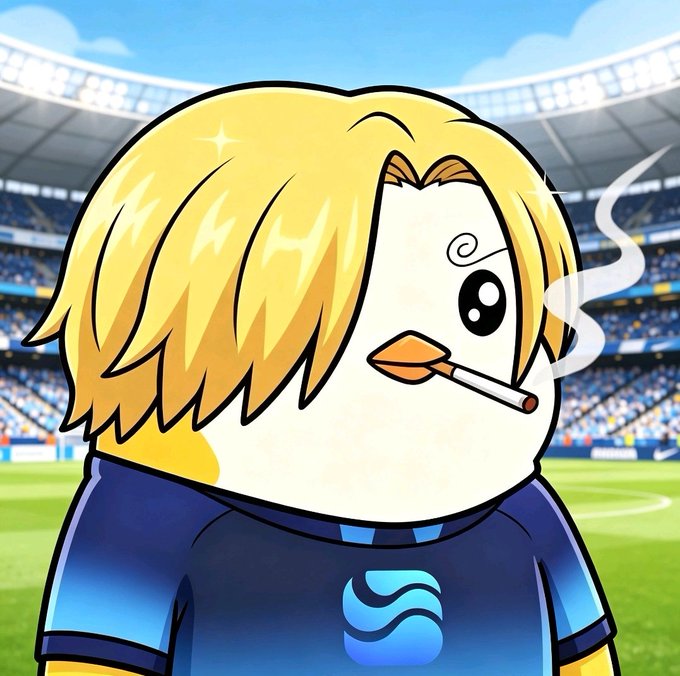 A cartoon blonde duck character smoking a cigarette, wearing a dark blue sports jersey with a wave logo, stands in front of a packed soccer stadium. The image serves as a stylized avatar or mascot representing the poster's crypto-related commentary about $RIVER, Quip Network, and D-Wave Quantum's blockchain initiatives.