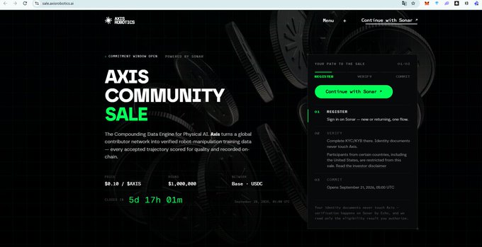 A webpage for the 'AXIS COMMUNITY SALE' powered by Sonar, showing registration details, KYC requirements, and a countdown timer of '5d 17h 01m'.