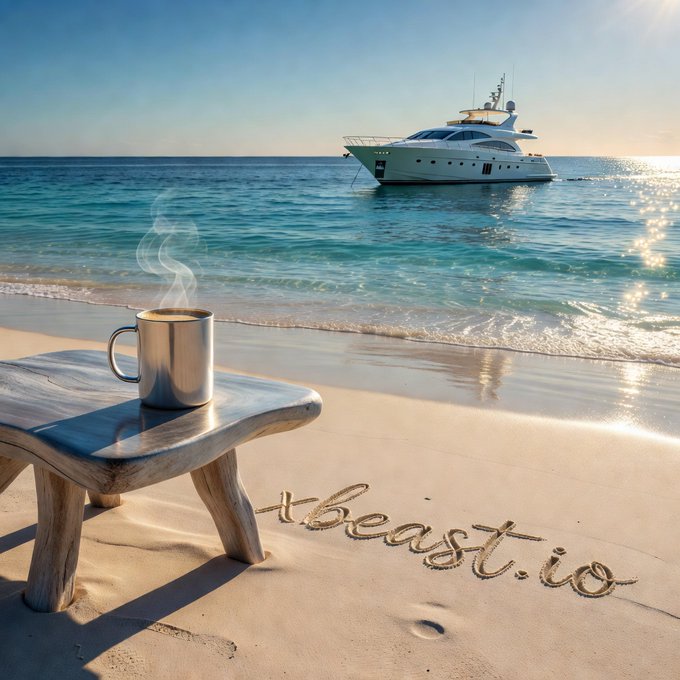 A steaming metal mug sits on a small wooden stool on a sandy beach, with a yacht anchored in turquoise water and 'tbeast.io' written in the sand.