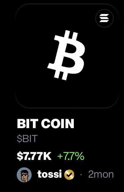 A mobile screenshot showing Bitcoin (BIT COIN, $BIT) trading at $7.77K with a +7.77% increase, posted by user 'tossi' 2 months ago.