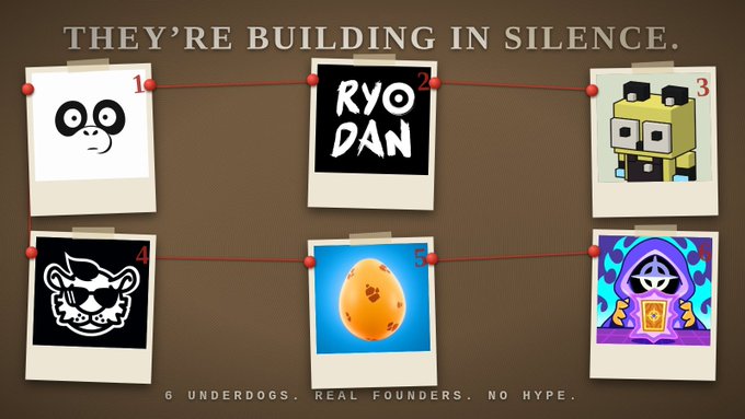 Promotional graphic with red string connecting six polaroid-style icons titled 'THEY'RE BUILDING IN SILENCE.' featuring 6 underdogs, real founders, no hype.