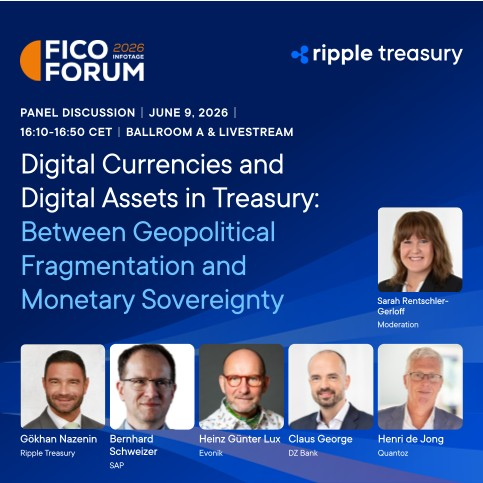 The image features a group of six men and women gathered together for a panel discussion at the Fico Forum. They are all dressed professionally, with one man wearing glasses and another woman sporting a hat. The panelists appear to be experts in the field of digital currencies and their relationship to Treasury. The backdrop is blue, which complements the white text on the image that reads "Digital Currencies and Digital Assets in Treasury: Between Geopolitical Fragmentation and Monetary Sovereignty".