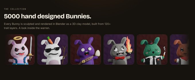 A promotional graphic titled “THE COLLECTION” advertises “5000 hand designed Bunnies,” featuring a row of stylized 3D rabbit characters.