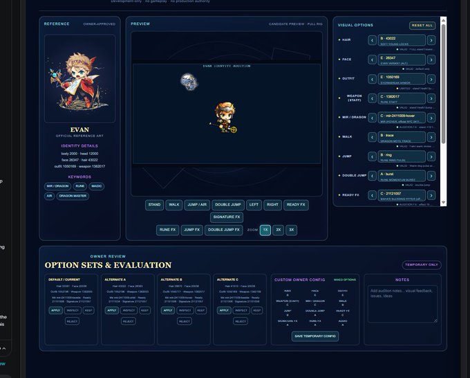 A character customization interface for a 2D sprite named 'EVAN' with an archer/dragon master theme, showing preview animations and various visual options like hair and weapons.