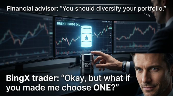 A financial advisor recommends portfolio diversification while a BingX trader pushes back, asking to choose just one asset, with a trader pointing at a monitor displaying "BRENT CRUDE OIL" charts beside a small "CRUDE OIL" barrel.