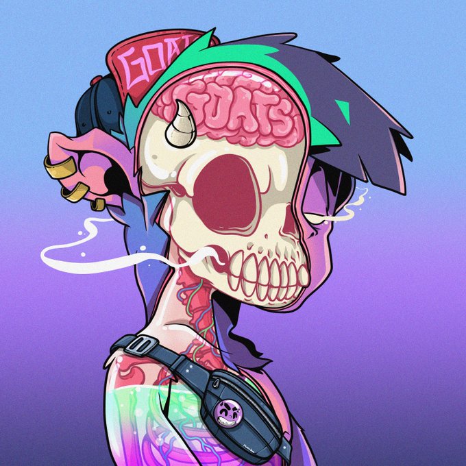 A colorful illustration of a skeletal character wearing headphones labeled 'GOAT' and 'WATS', with exposed brain matter and a fanny pack.