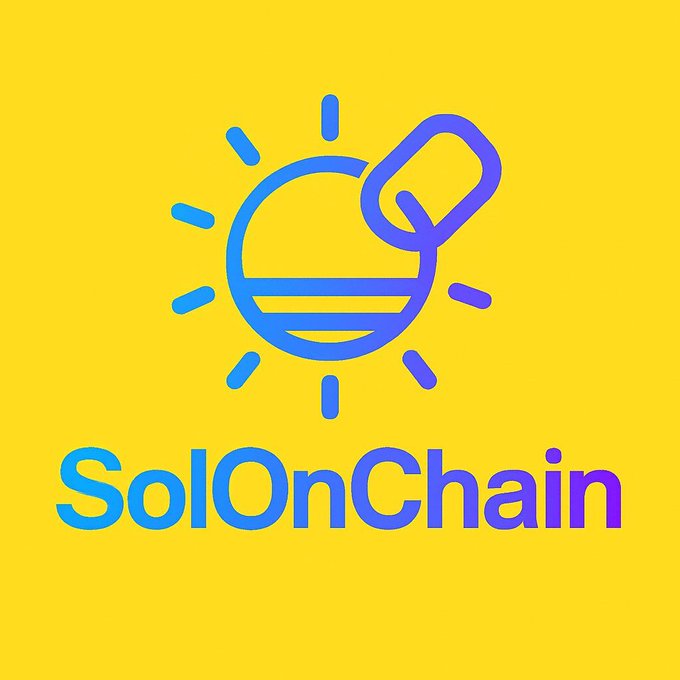 A yellow-background logo featuring a stylized blue sun with a leaf icon and the text "SolOnChain" beneath it. The branding aligns with the post by promoting the @SolOnChain account and its sun-themed visual identity to encourage community engagement.