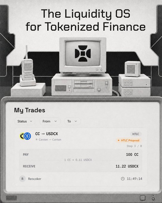 An advertisement for 'The Liquidity OS for Tokenized Finance' showing a retro computer and a tablet displaying a trade for 'CC → USDCX'.