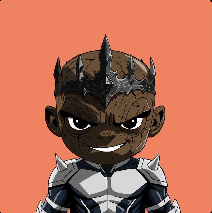 A cartoon-style illustration of a character with dark skin wearing a spiked metal crown and spiked shoulder armor, smiling menacingly against an orange background.