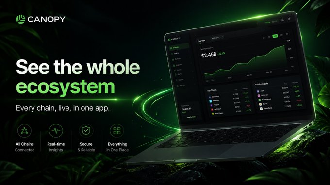 Promotional banner for the Canopy crypto tracking app with the tagline 'See the whole ecosystem - Every chain, live, in one app,' highlighting features like All Chains Connected, Real-time Insights, Secure & Reliable, and Everything in One Place, displayed on a laptop showing a $2.45B overview.