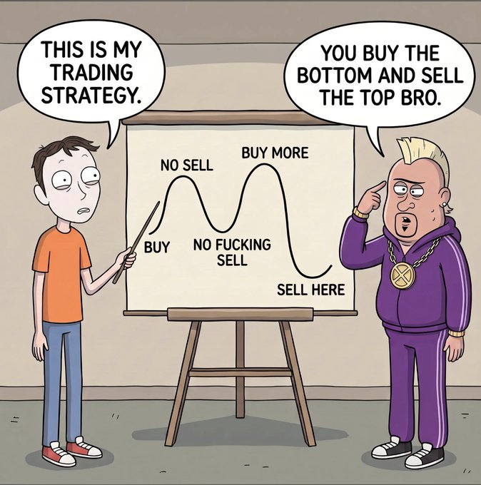 A cartoon of two men discussing trading, with one pointing at a whiteboard chart labeled 'BUY', 'NO SELL', 'BUY MORE', 'NO FUCKING SELL', and 'SELL HERE', saying 'THIS IS MY TRADING STRATEGY.' while the other replies 'YOU BUY THE BOTTOM AND SELL THE TOP BRO.'