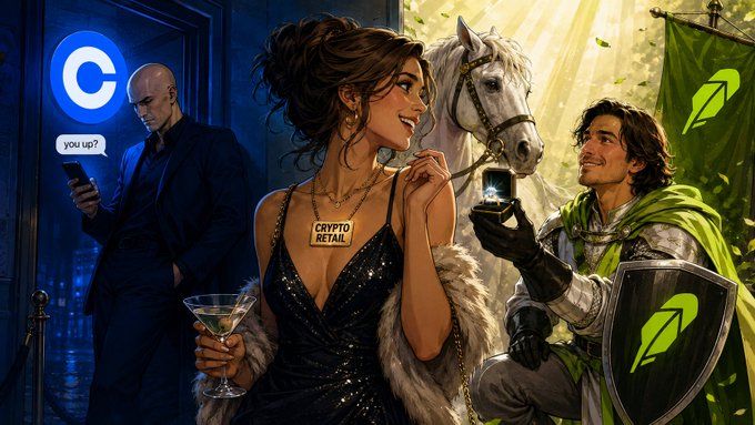 An AI-generated illustration depicting three characters: a bald man on the left with a speech bubble saying 'you up?' and a 'C' logo, a glamorous woman in the center holding a martini with a 'CRYPTO RETAIL' necklace, and a knight on the right proposing with a ring, accompanied by a horse.