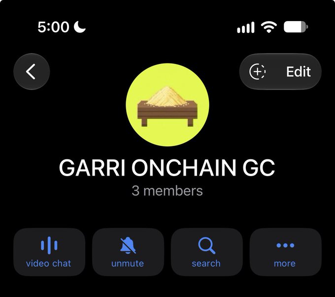 A screenshot of a Telegram group called "GARRI ONCHAIN GC" with 3 members, featuring a yellow circular avatar of a wooden bowl filled with grain. The image promotes the new Telegram community, with options for video chat, unmuting, searching, and more, inviting users to join and noting the need for moderators and CMs.