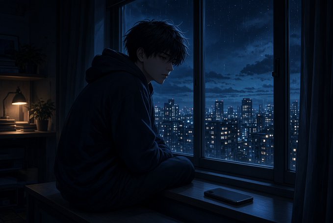 An anime-style illustration of a young man with dark hair sitting on a windowsill at night, looking out at a rainy city skyline.