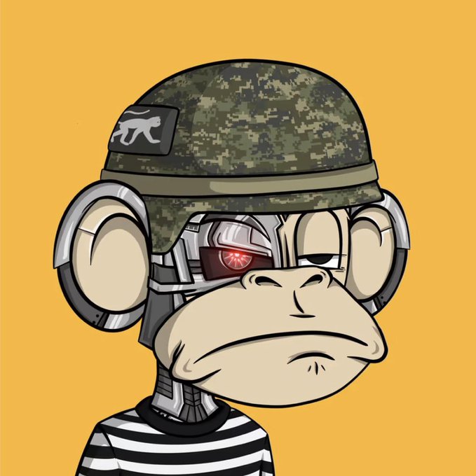 A cartoon illustration of a cyberpunk-styled monkey wearing a digital camouflage helmet with a white patch, large metallic ear pieces, and a glowing red robotic eye, dressed in a black and white striped shirt against a mustard yellow background.