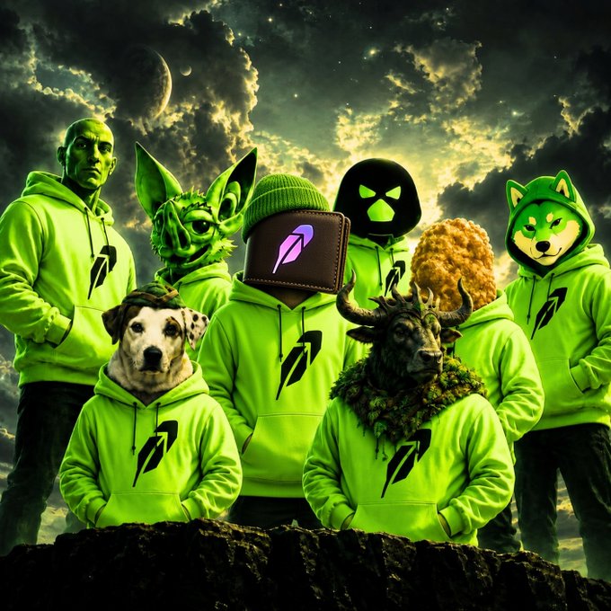 A group of figures wearing matching neon green hoodies featuring a lightning bolt logo stand together against a dramatic cloudy sky, with their faces replaced by various images including a dog, a fox, a lizard, a skull, a fried chicken piece, and a wallet icon. The image relates to the post by symbolically representing the diverse community of crypto traders backing the Robinhood $WALLET narrative, with the wallet-headed figure visually tying into the token being discussed.