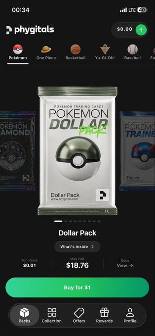 The image shows a mobile app interface for "Phygitals" featuring a Pokémon Trading Cards "Dollar Pack" priced at $1, with a min value of $0.01 and max pull of $18.76. It connects to the promotional post by advertising a quick money-making "alpha" opportunity through purchasing cheap packs on the Phygitals platform using the provided referral link and code.