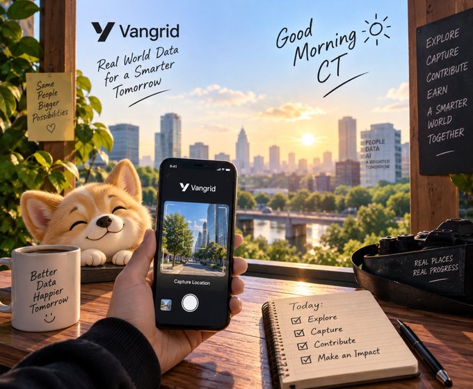 A promotional image for "Vangrid" with the slogan "Real World Data for a Smarter Tomorrow," showing a hand holding a smartphone with the app interface overlooking a city skyline at sunrise, accompanied by a corgi plushie, a "Good Morning CT" note, and a checklist.